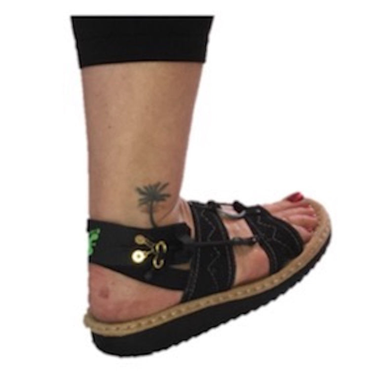 Freedom Walk AFO Free Flex Drop Foot Brace on Susan in black sandal