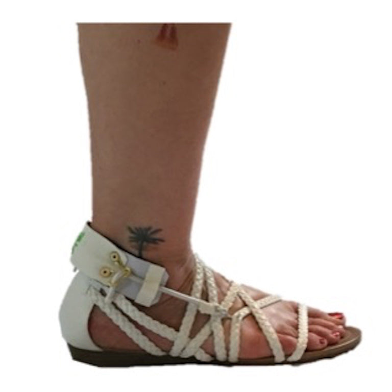Freedom Walk AFO Free Flex Drop Foot Brace on Susan in white sandal