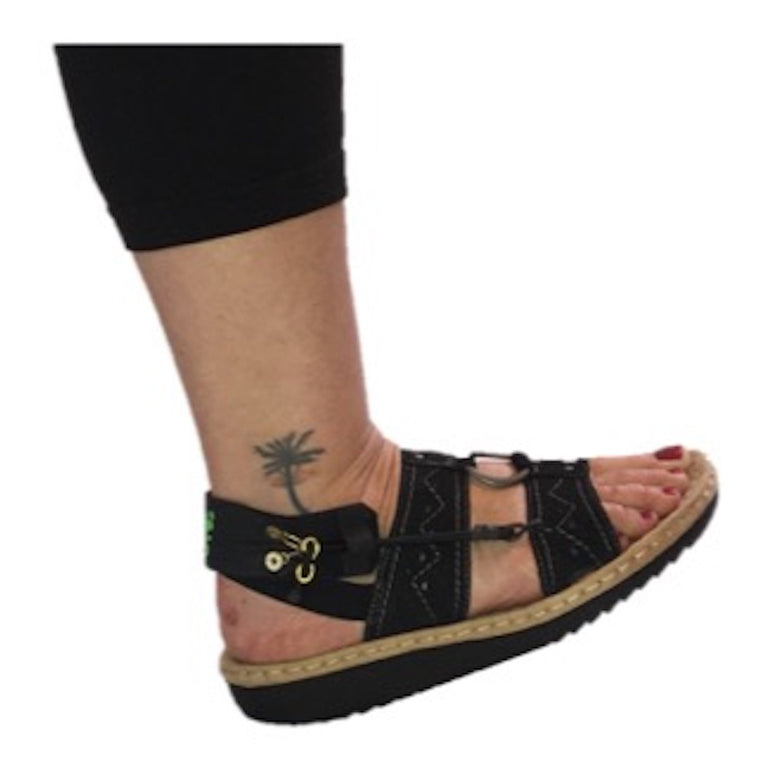 Freedom Walk AFO Free Flex Drop Foot Brace on Susan in black sandal