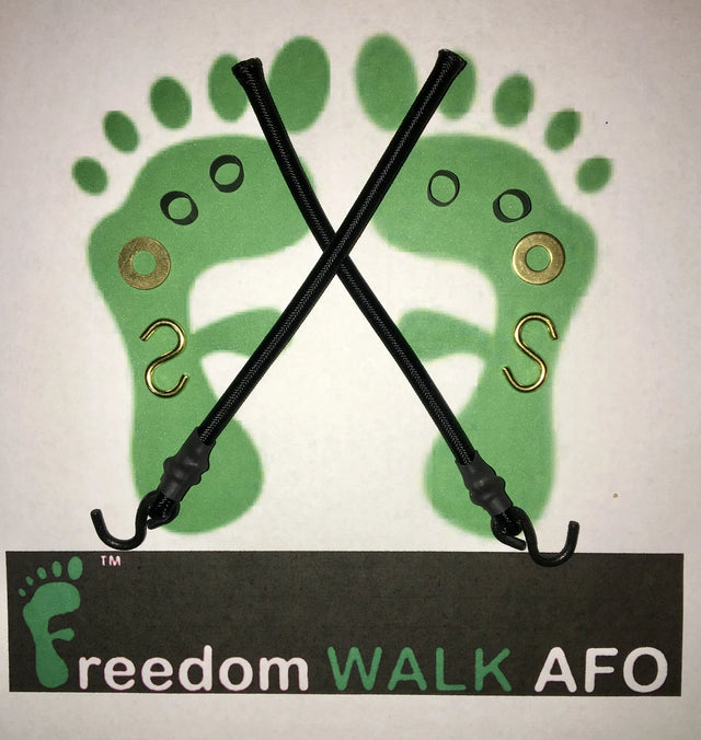FreedomWalkAFO Drop Foot Brace replacement cords Kit includes cords, hooks, washers, and shrink tubing with Footprint Logos and name in background.